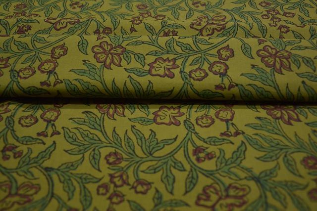Cactus Green Floral Block Print Cotton Fabric