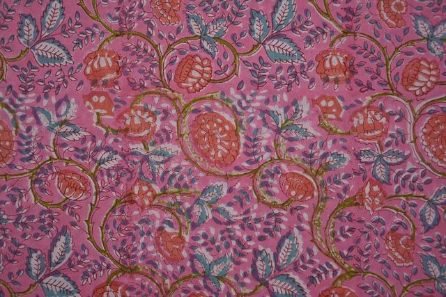 Aurora Pink Floral Block Print Cotton Fabric