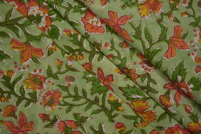 Pistachio Green Floral Block Print Cotton Fabric