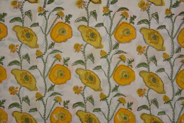 Yellow Poppy Floral Block Print Cotton Fabric