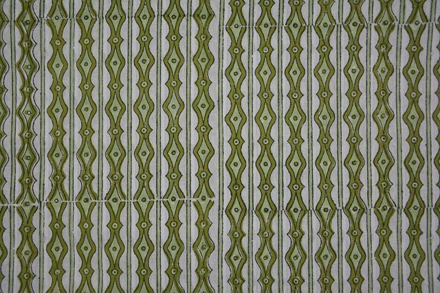 White And Green Striped Block Print Cotton Fabric