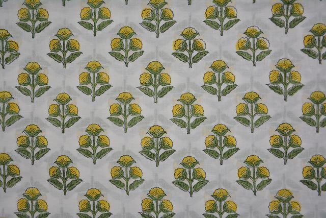 Yellow Green Floral Block Print Cotton Fabric