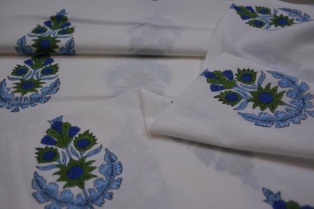 Blue Floral Hand Block Printed Fabric