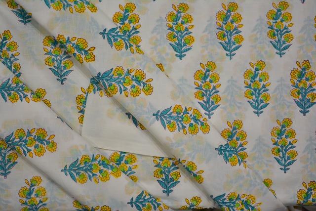 Yellow And Blue Floral Hand Block Printed Cotton Fabric