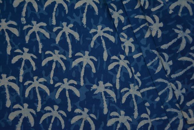 Indigo Palm Tree Block Print Cotton Fabric