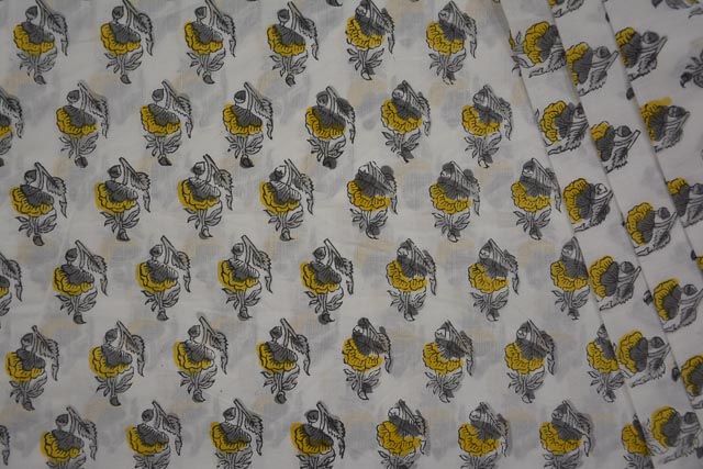 Yellow And Grey Floral Block Print Cotton Fabric