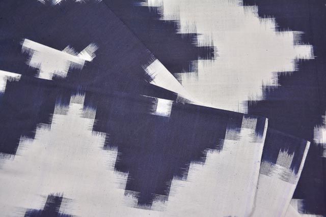 White And Navy Blue Double Ikat Fabric