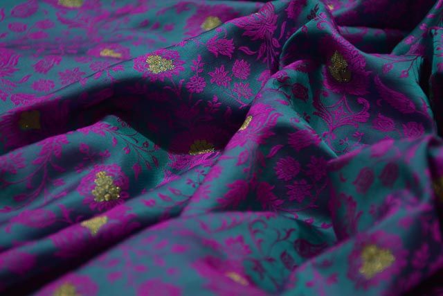 Green And Pink Banarasi Zari Booti Silk Fabric