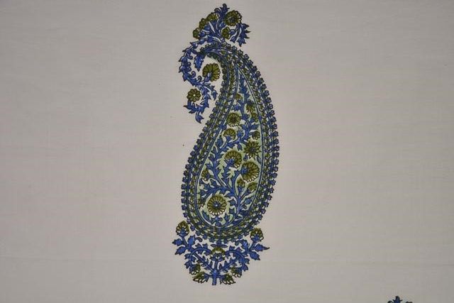 White And Blue Paisley Block Print Cotton Fabric
