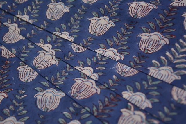 Blue And White Floral Cotton Block Printed Fabric