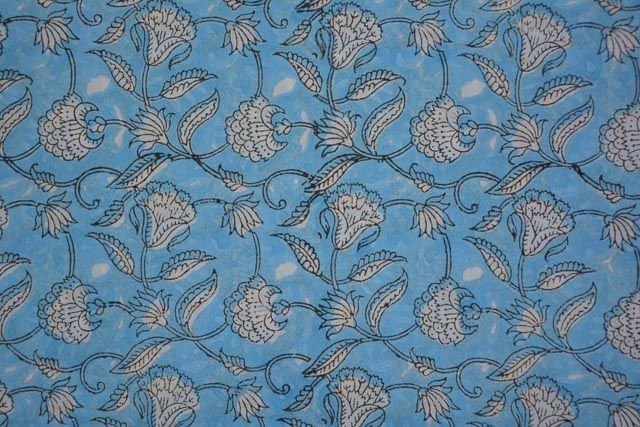Airy Blue Floral Cotton Block Printed Fabric