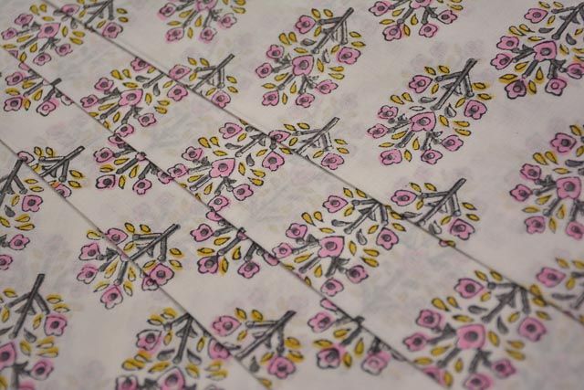 White And Pink Floral Cotton Block Printed Fabric