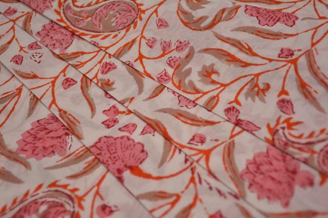 White And Rose Floral Cotton Block Printed Fabric