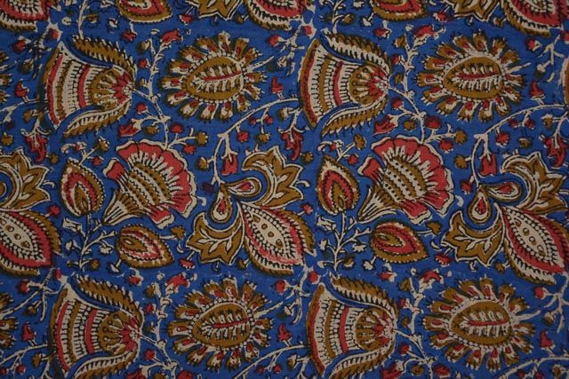 Blue Floral Cotton Block Printed Fabric