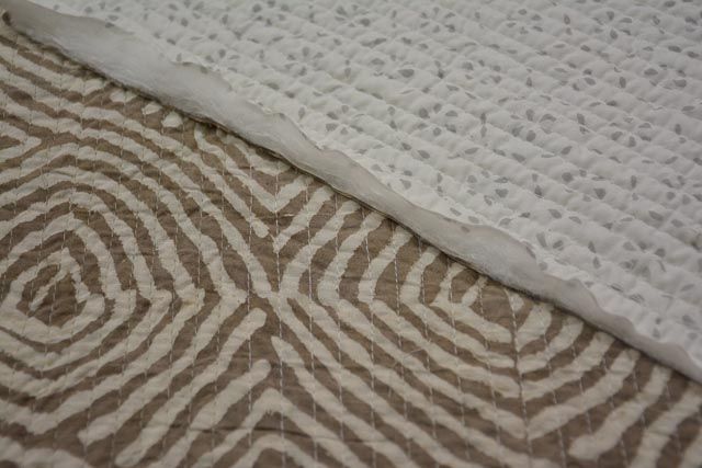 Grey And White Block Printed Reversible Cotton Quilted Fabric