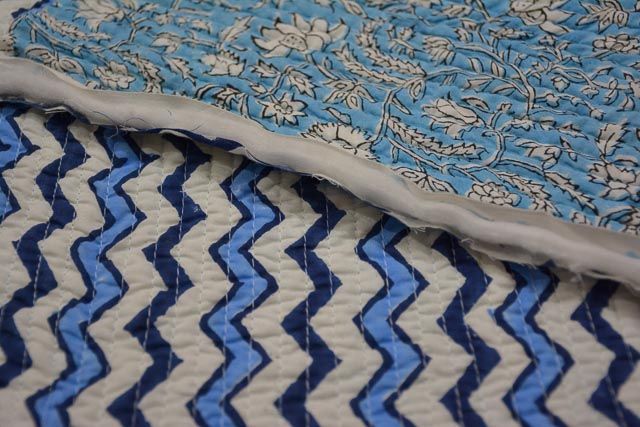 Sky Blue Block Printed Reversible Cotton Quilted Fabric