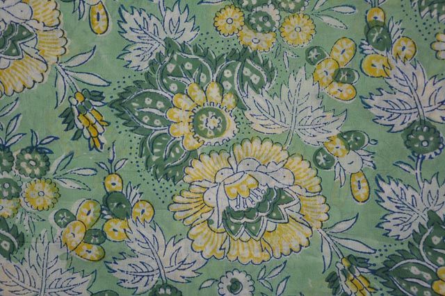 Neptune Green Floral Cotton Block Printed Fabric