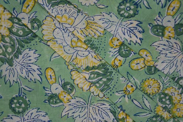 Neptune Green Floral Cotton Block Printed Fabric