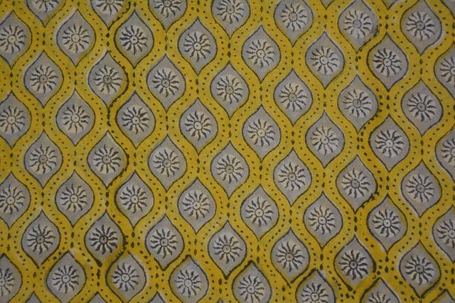 Custard Yellow And Gray Cotton Block Printed Fabric