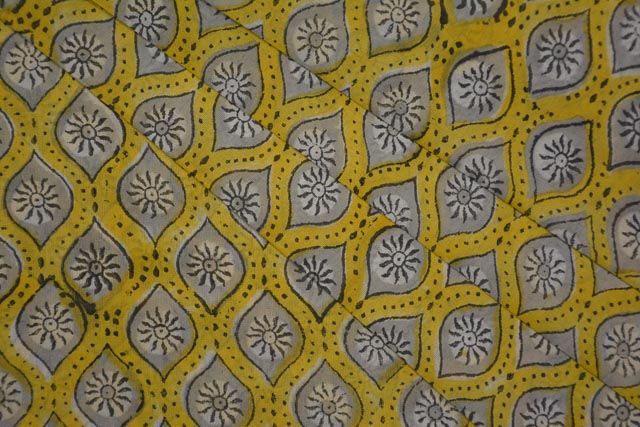 Custard Yellow And Gray Cotton Block Printed Fabric