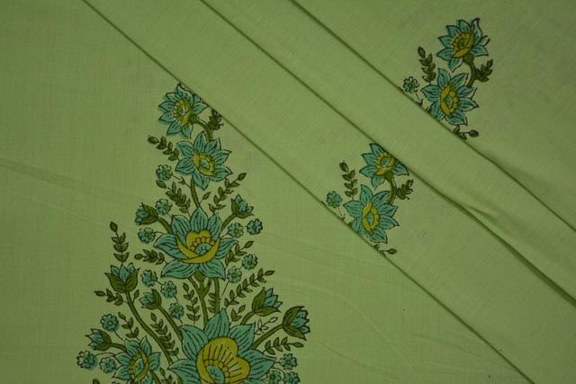 Pastel Green  Floral Cotton Hand Block Printed Fabric