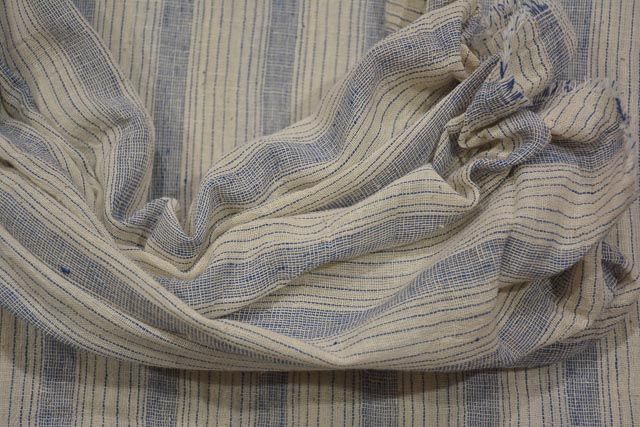 White And Blue Striped Organic Handloom Cotton Fabric