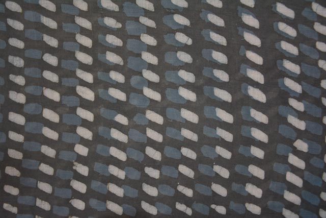 Grey Striped Block Print Mulmul Cotton Fabric