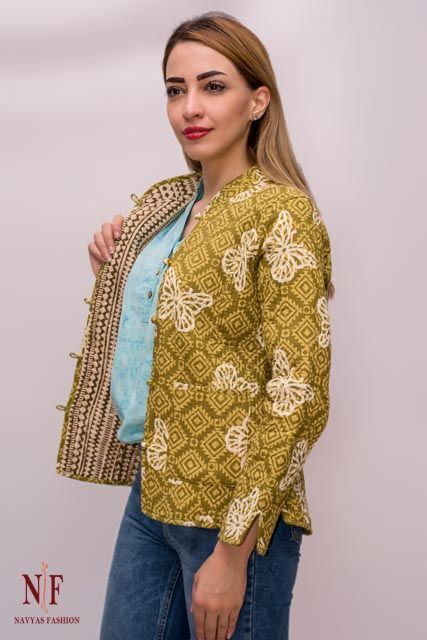 Green & White Butterfly Block Print Reversible Quilted Jackets 