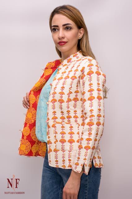 Orange Block Print Cotton Reversible Quilted Jackets 