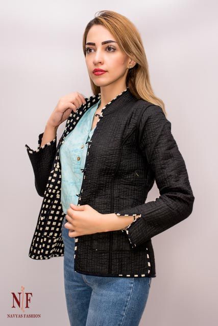 Black & White Square Hand Block Print Reversible Quilted Jacket 