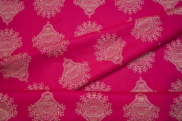 Gold Printed Magenta Pink Indian Rayon Fabric