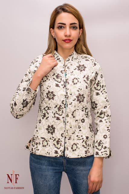 White And Green Floral Block Print Reversible Cotton Quilted Jacket