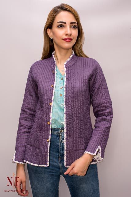 White And Purple Block Print Reversible Cotton Quilted Jacket