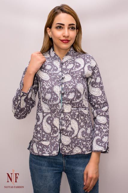 Grey Paisley Block Print Reversible Cotton Quilted Jacket