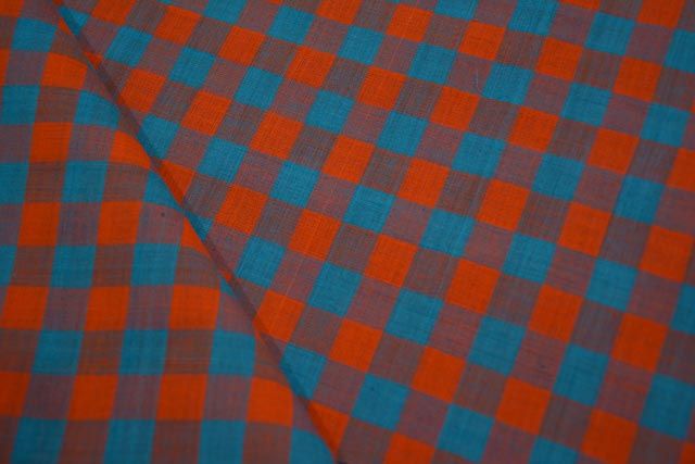 Vivide Blue And Orange Checks Pattern Mangalgiri Pure Handloom Cotton Fabric