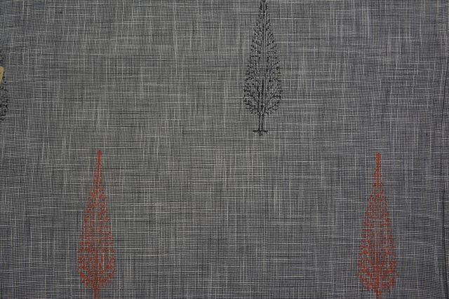 Gray And Black  Leaf Hand Block Printed Handloom Cotton Fabric