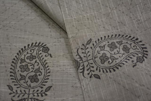 Grey And Black Paisley Hand Block Printed Handloom Cotton Fabric
