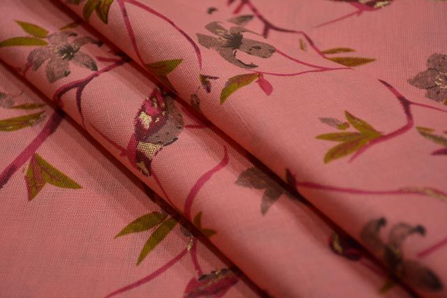 Shell Pink Bird Print Flax Cotton Fabric