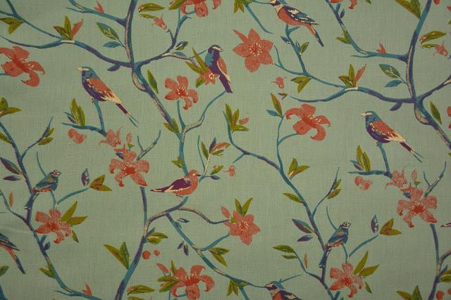 Swamp Green Bird Print Flax Cotton Fabric