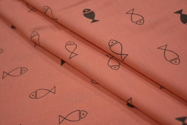 Peach Amber Fish Print Flax Cotton Fabric