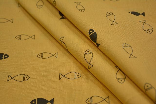 Buff Yellow Fish Print Flax Cotton Fabric