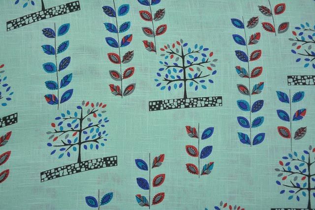 Fair Aqua Floral Print Indian Slub Cotton Fabric