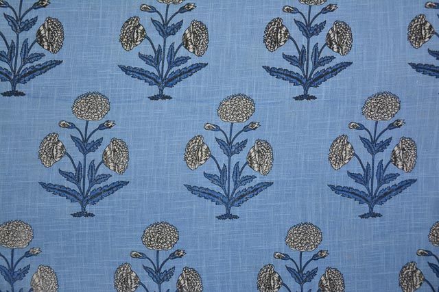 Airy Blue Floral Print Indian Slub Cotton Fabric
