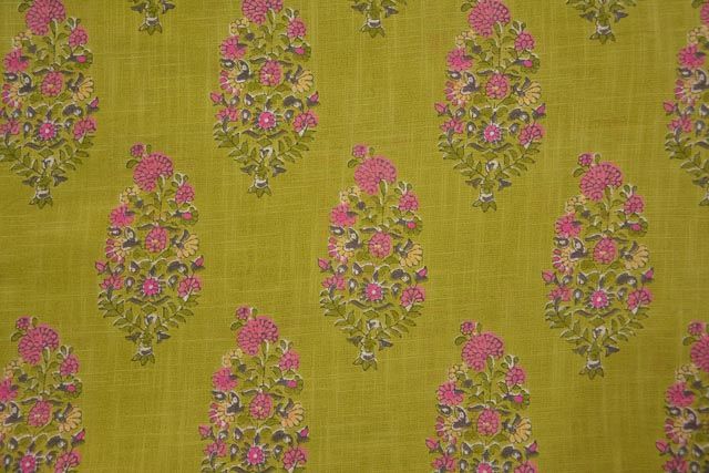 Moss Green Floral Print Indian Slub Cotton Fabric