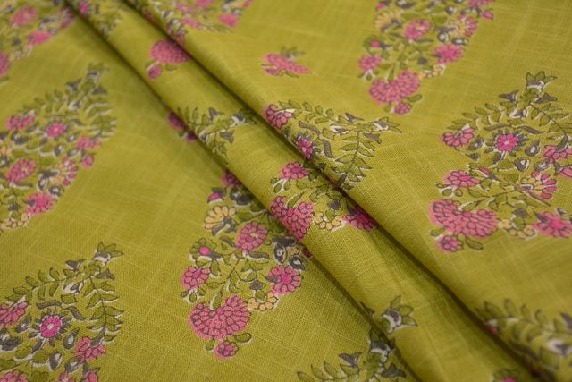 Moss Green Floral Print Indian Slub Cotton Fabric