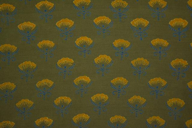 Olive Branch Floral Printed Chanderi Silk Fabric