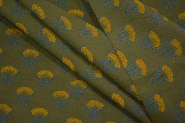 Olive Branch Floral Printed Chanderi Silk Fabric
