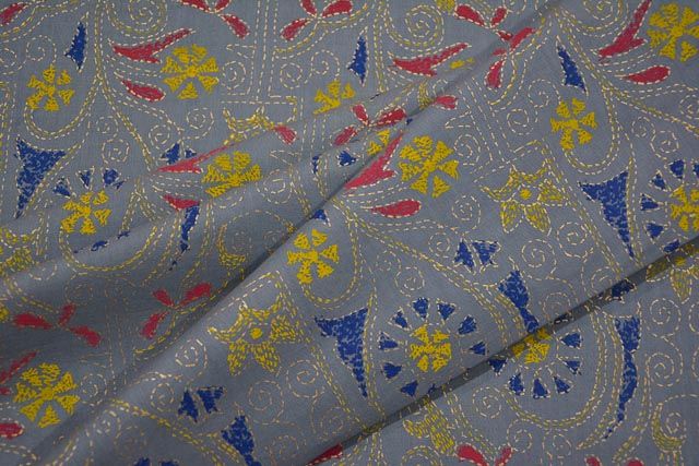 Grey Cloud Kantha Design Hand  Block Print Cotton Fabric