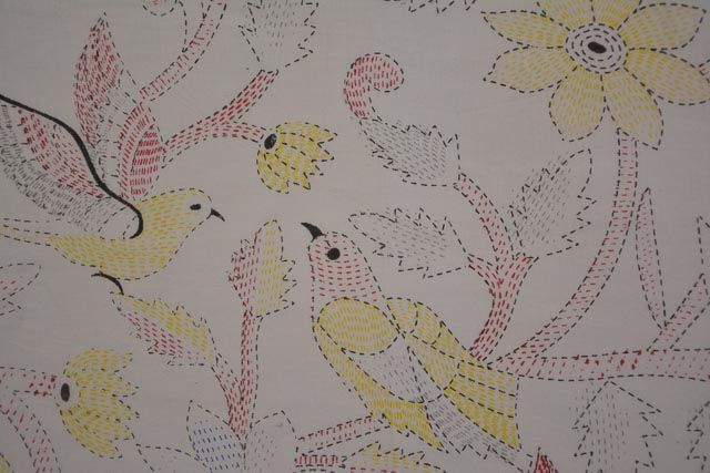 White Bird And Floral Kantha Stitch  Block Print Cotton Fabric