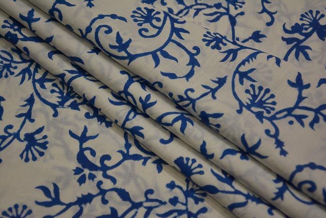 White Cameo Blue Leaf Block Print Cotton Fabric